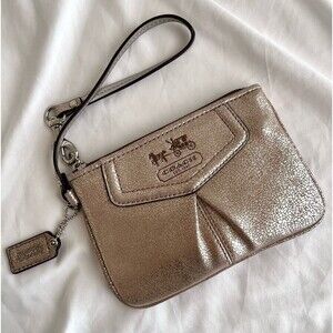 Coach Madison Shimmer Pleated Gold Leather Zip Wristlet Clutch Wallet